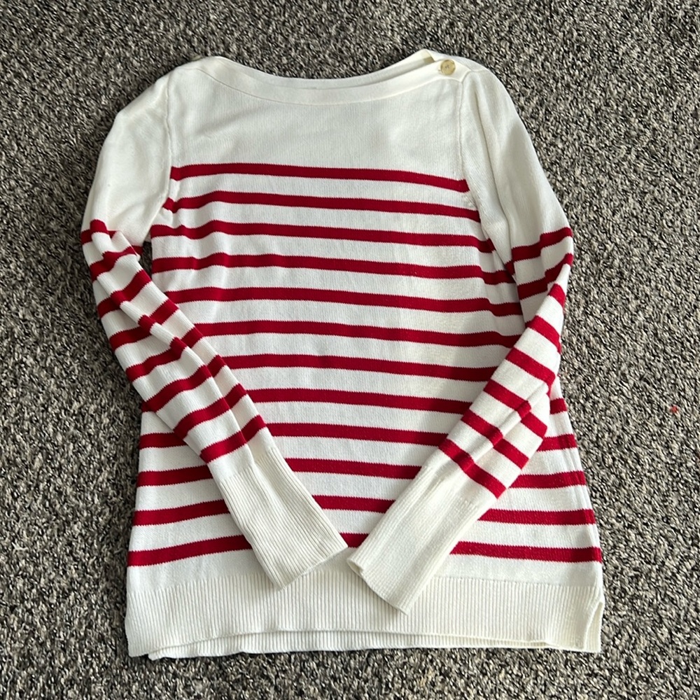 J. Crew Factory Cotton Sweater Off-White and Red Stripes, Small